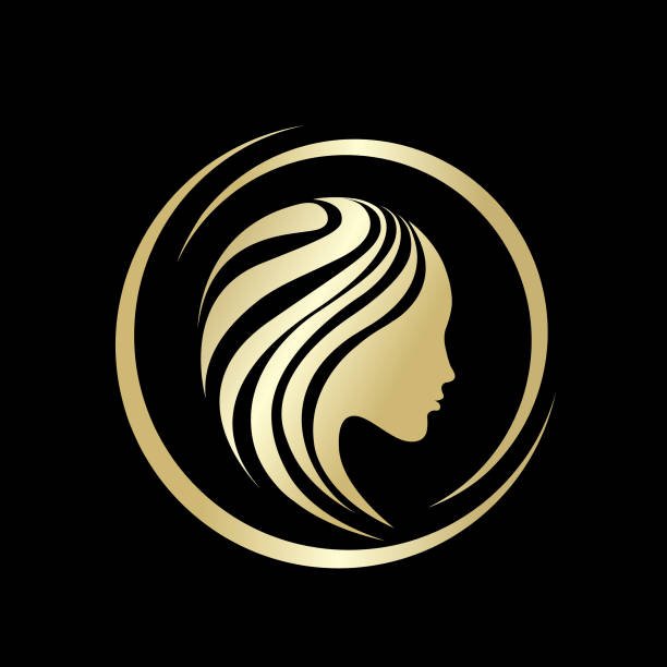 Golden circular illustration.Woman with long, wavy hair and nice profile.